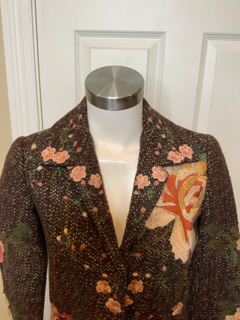 Biya Brown Multicolored Embroidered Floral Tapestry Long Wool Coat - Picture 2 of 8